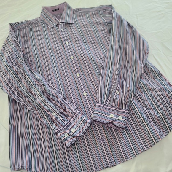 Bugatchi Uomo Dress Shirt Purple Pink Stripe Mens Large Lavender Contrast Cuff - Picture 9 of 11